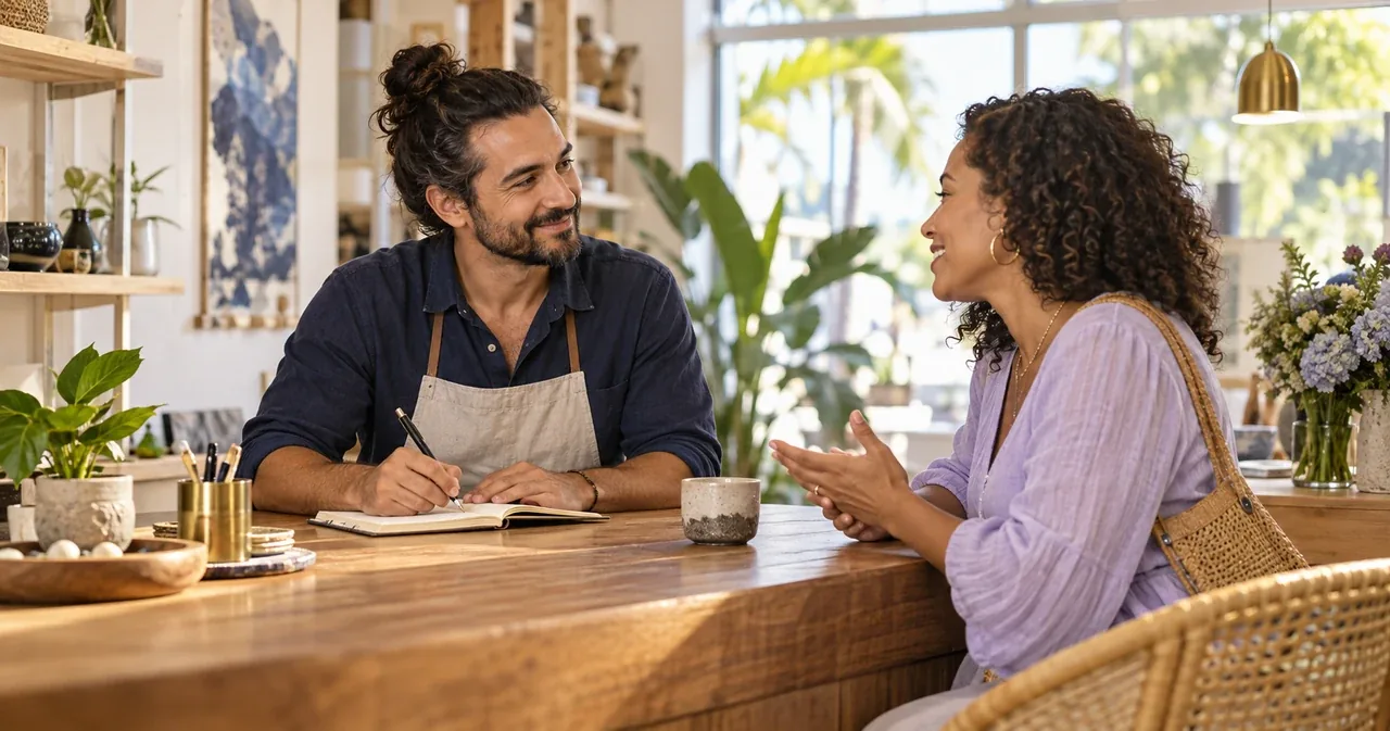 A small-business owner listening to a customer and taking notes at a shop counter