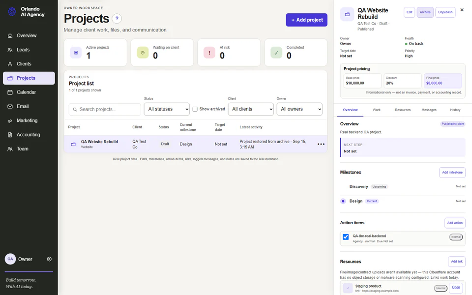 Orlando AI Agency Projects workspace showing a project record, milestones, action items, resources, messages, and history
