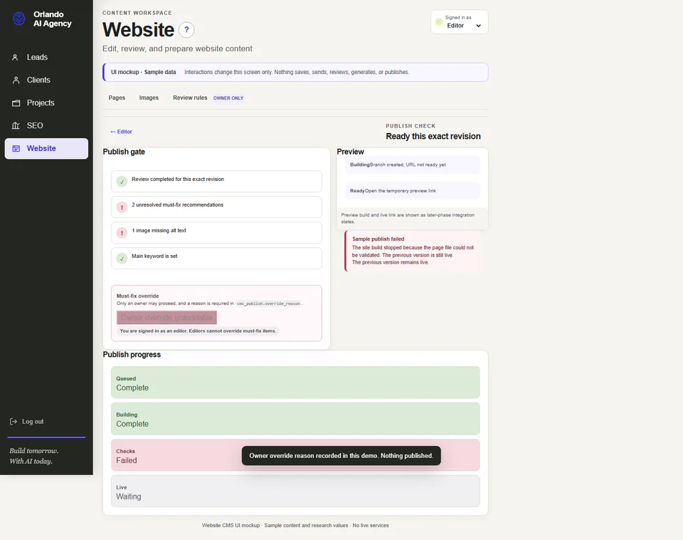 Website publishing dialog with validation, preview, ownership controls, and recovery guidance