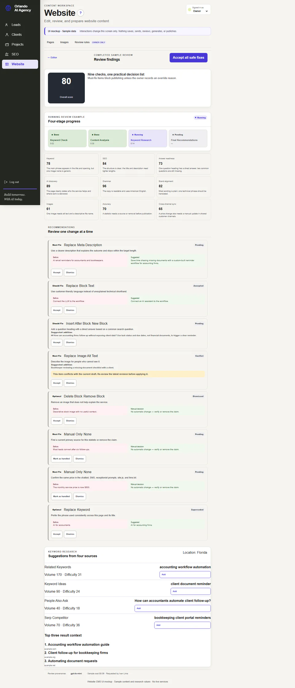 Website AI review workspace with review categories, research sources, recommendations, and provenance