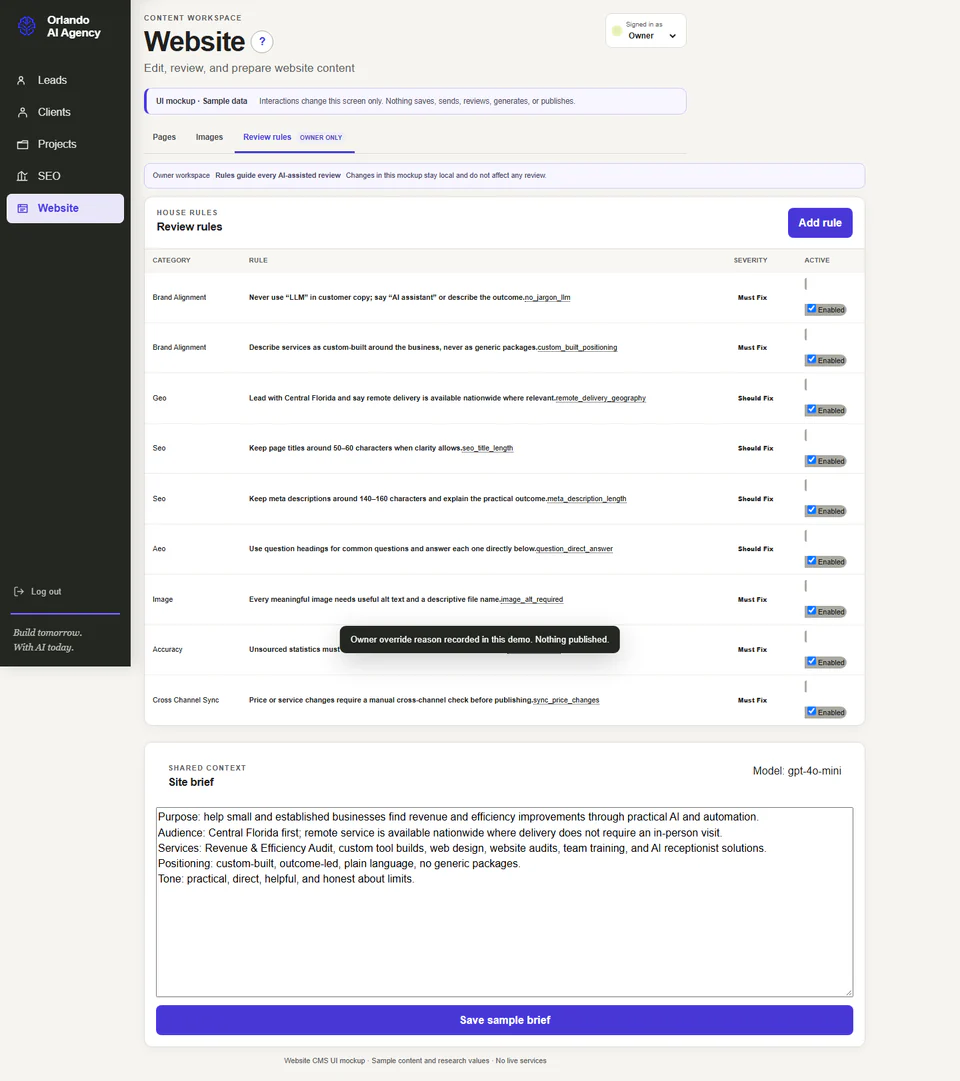Website review rules interface defining business context, editorial requirements, and owner-only controls